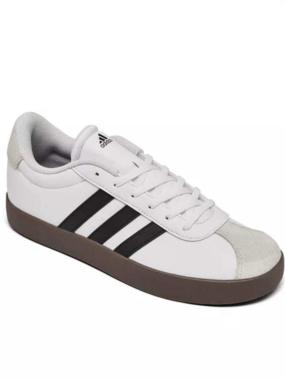 adidas White Low-Top Sneakers with Black Stripes and Brown Sole